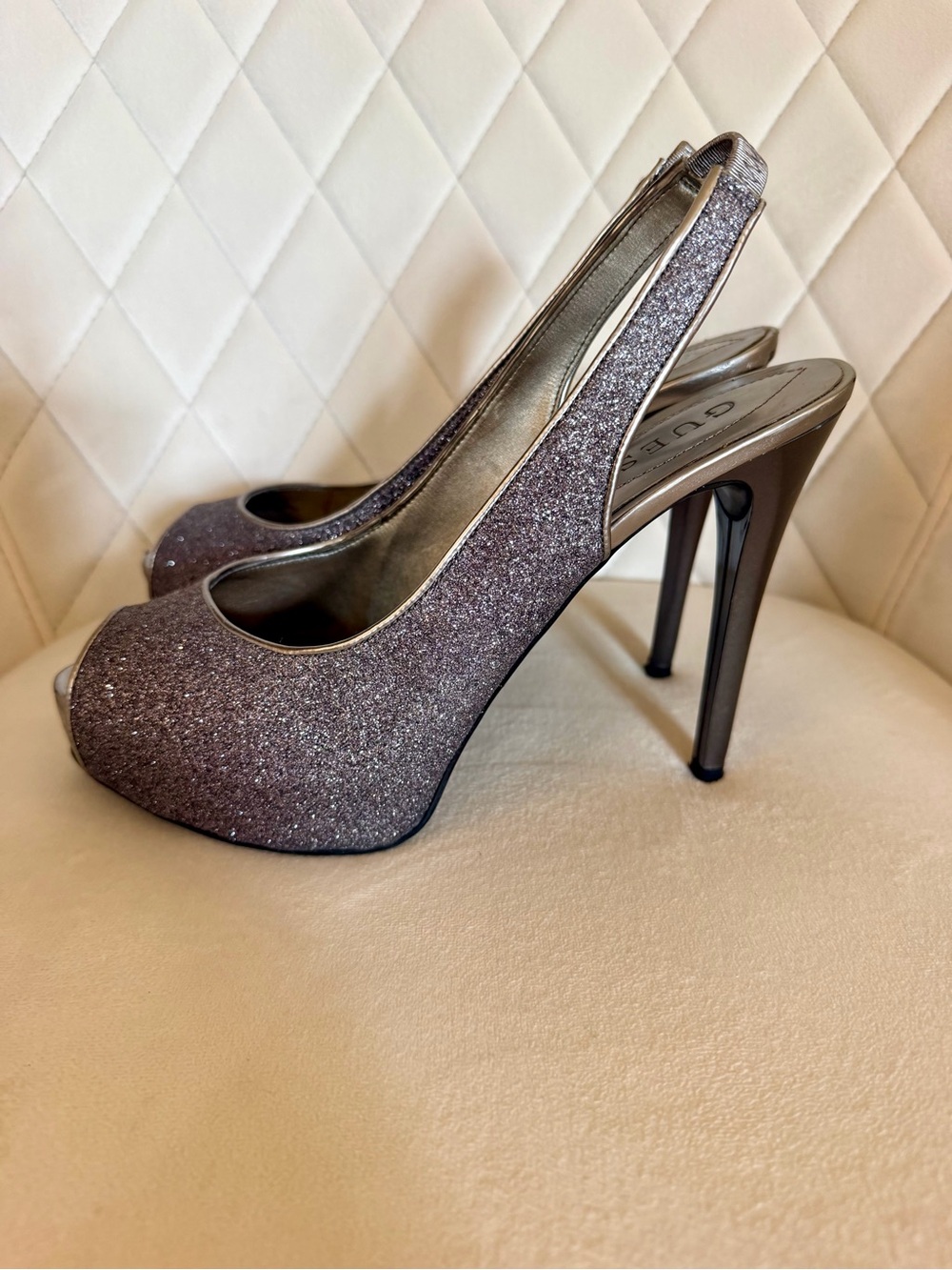 Guess Glitter Slingback Peep-Toe Heels in Sparkling Silver